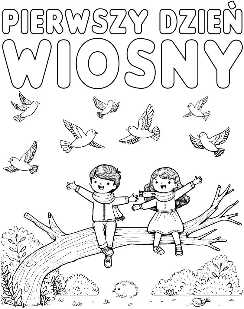 Online coloring book: Children on a tree welcome the first day of spring coloring page